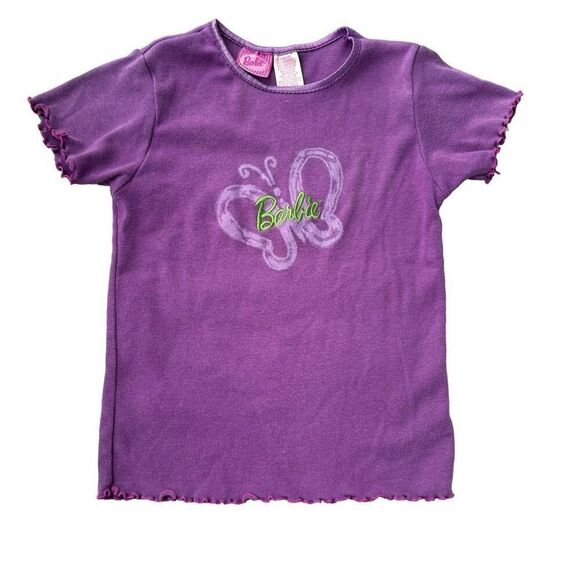 Y2K 1998 Barbie Embroidered Logo Butterfly Girls Baby Tee With Lettuce Hem - Picture 1 of 6